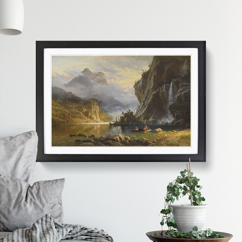 Indians Spear Fishing by Albert Bierstadt - Picture Frame Painting, 36cm H x 48cm W x 2cm D, Black Framed
