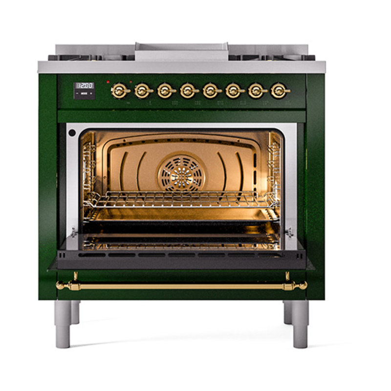 ILVE Nostalgie II Noblesse 36 in Dual Fuel Range, Emerald Green/Brass, Natural Gas