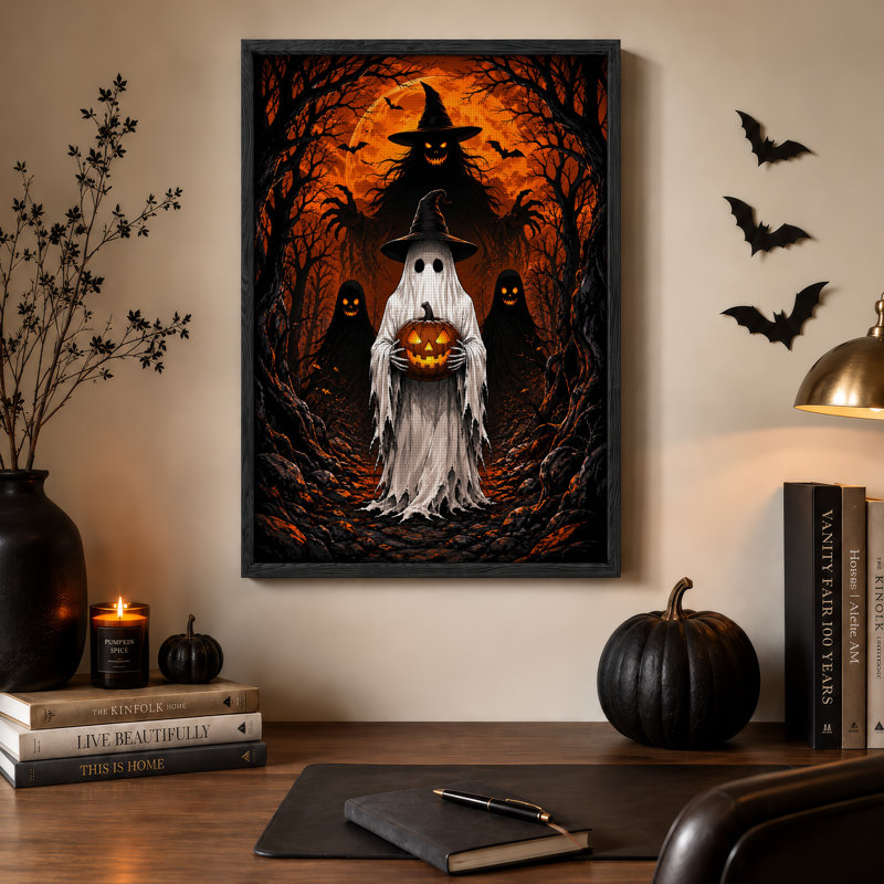 Tableau sur toile d'Halloween représentant un fantôme coiffé d'un chapeau de sorcière tenant une citrouille dans une forêt sombre