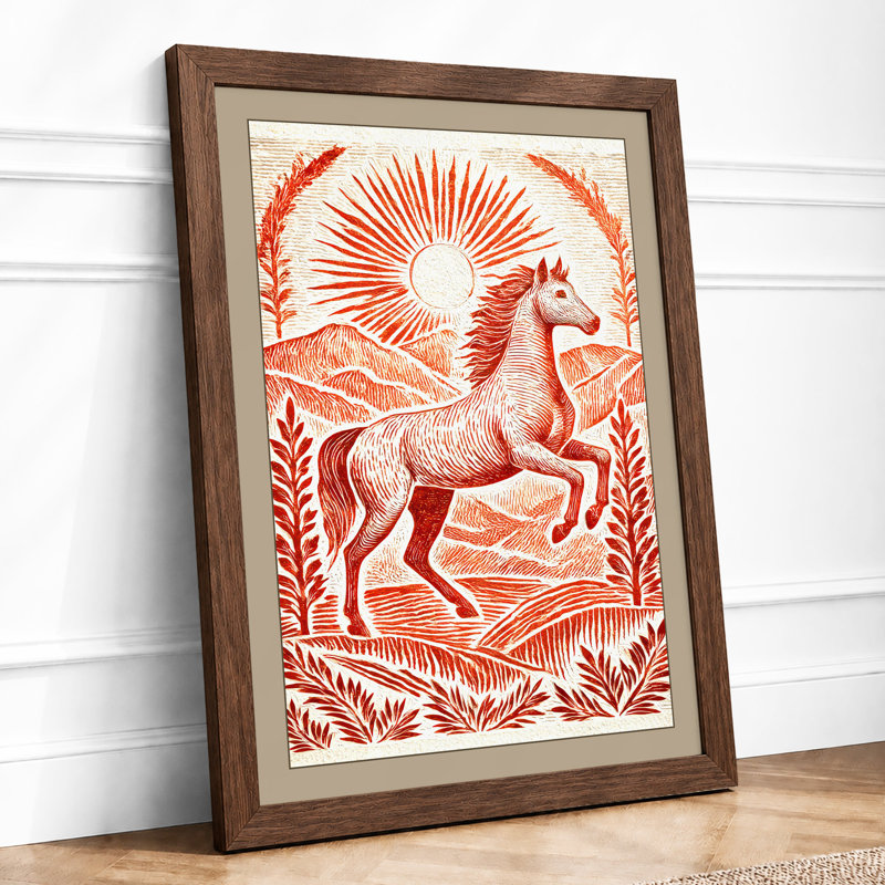 Leaping Horse With Sunburst Rustic - Single Picture Frame Print, A3 - 42.0 x 29.7 cm, Walnut