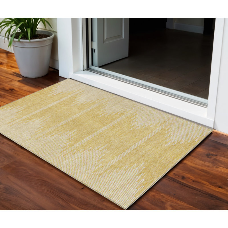 3' X 5' Gold And Ivory Abstract Washable Indoor Outdoor Area Rug