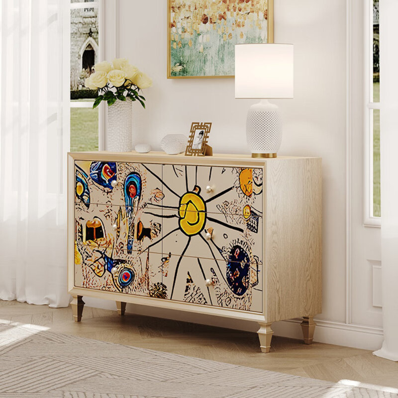 Buffet français abstrait peint, H 35,43 po x l 47,24 po x P 15,75 po