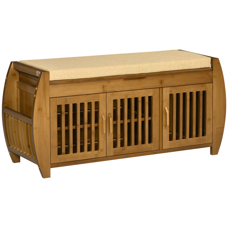Banc à chaussures avec armoires de rangement, banc d'entrée en bambou avec coussin de siège, 3 portes, support latéral et compartiment caché