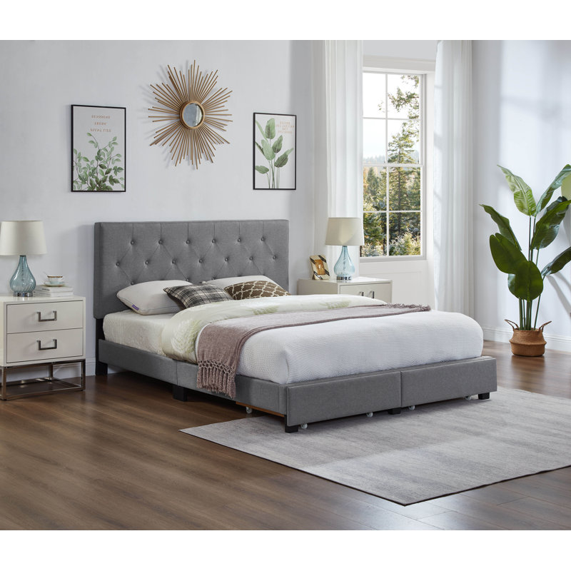 Lit plateforme tapissier avec tête de lit réglable Meadie, Gris, Grand