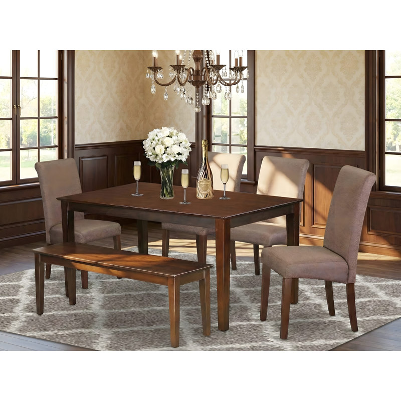 6 Piece Dining Set Contains a Rectangle Dining Room Table and 4 Brown Linen Fabric Parson Chairs with a Bench, Mahogany