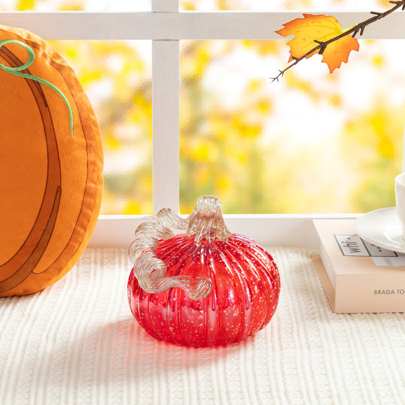 6"D Fall Red Glass Pumpkin With Glitter