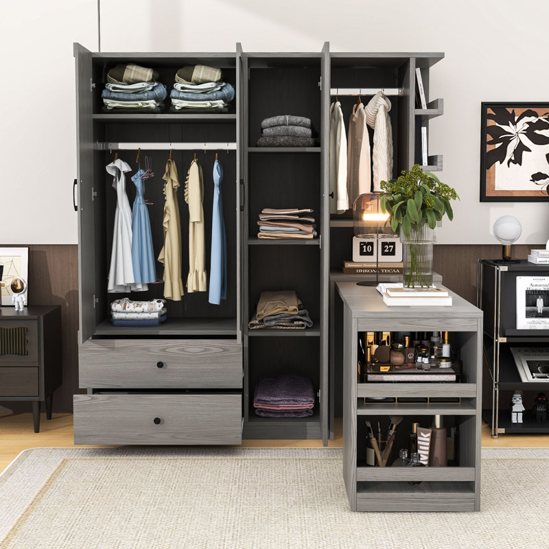 Armoire avec 2 portes, tringle, bureau convertible et tiroirs de rangement, Gris