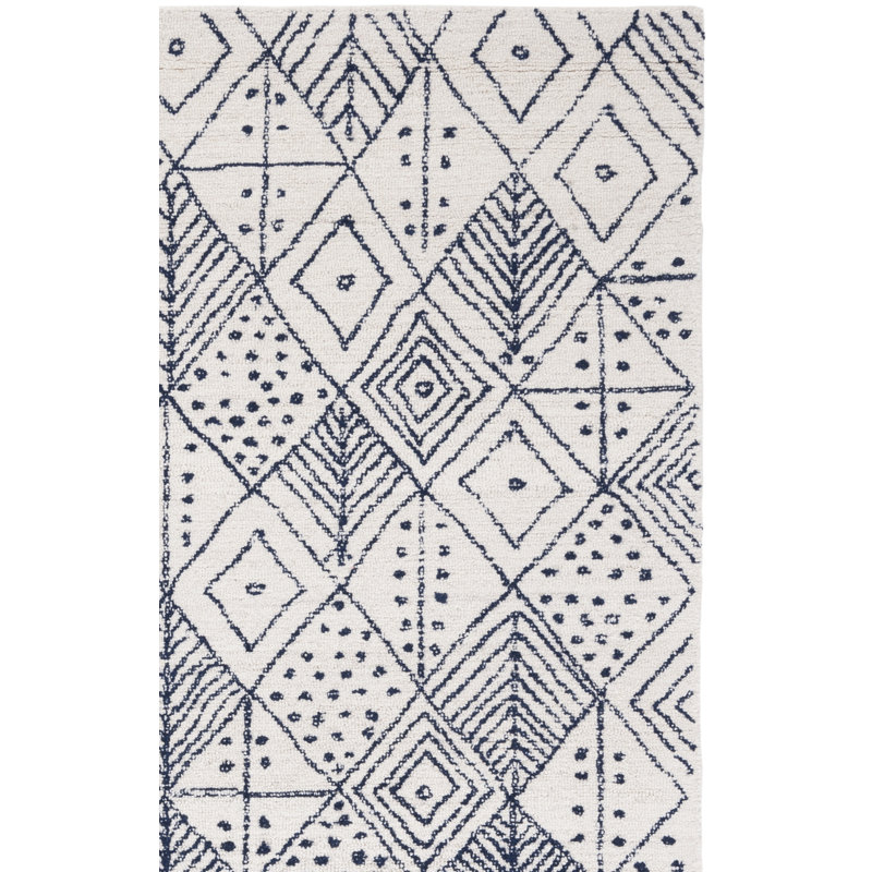 Anaistacia Hand Tufted Wool/Cotton Geometric Rug in Ivory/Blue, Rectangle 4' x 6'