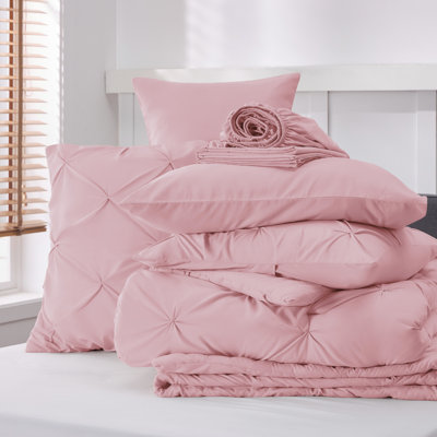 Édredon lit-dans-un-lit Pintuck lits simples rose avec draps, taies d'oreiller et taies décoratives, cadeau pour la fête des mères