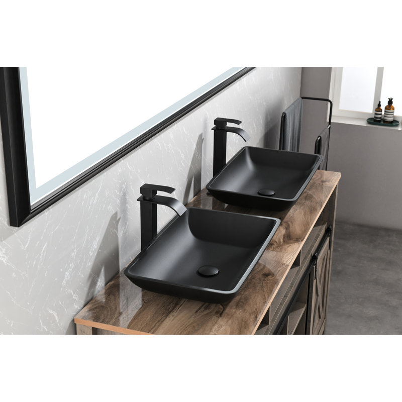 Rectangular Bathroom Sink In Matte Black With Attractive Look - 14.38"L X 22.25"W 4-3/8"H Glass Vessel 4-3/8"H, Elegant