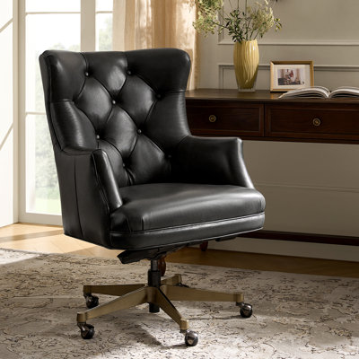 Heeg Transitional Genuine Leather Wingback Design 360° Swivel Tilting Lock Office Chair with Tufted Backrest