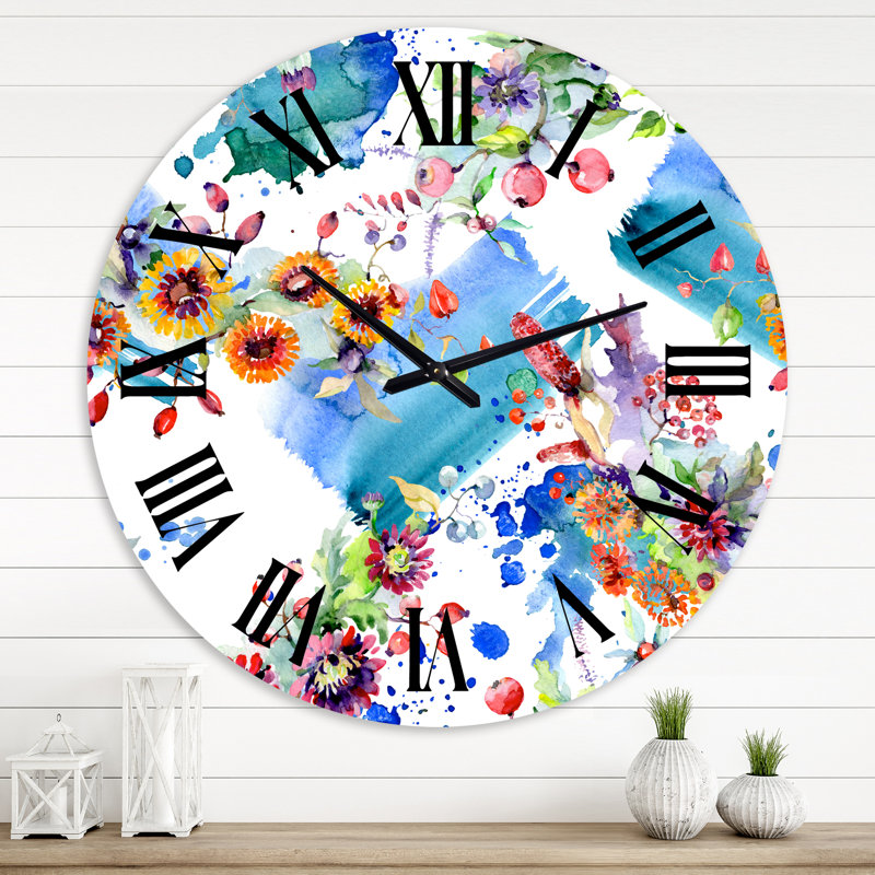 Vibrant Wild Spring Leaves and Wildflowers - horloge murale moderne, Grand