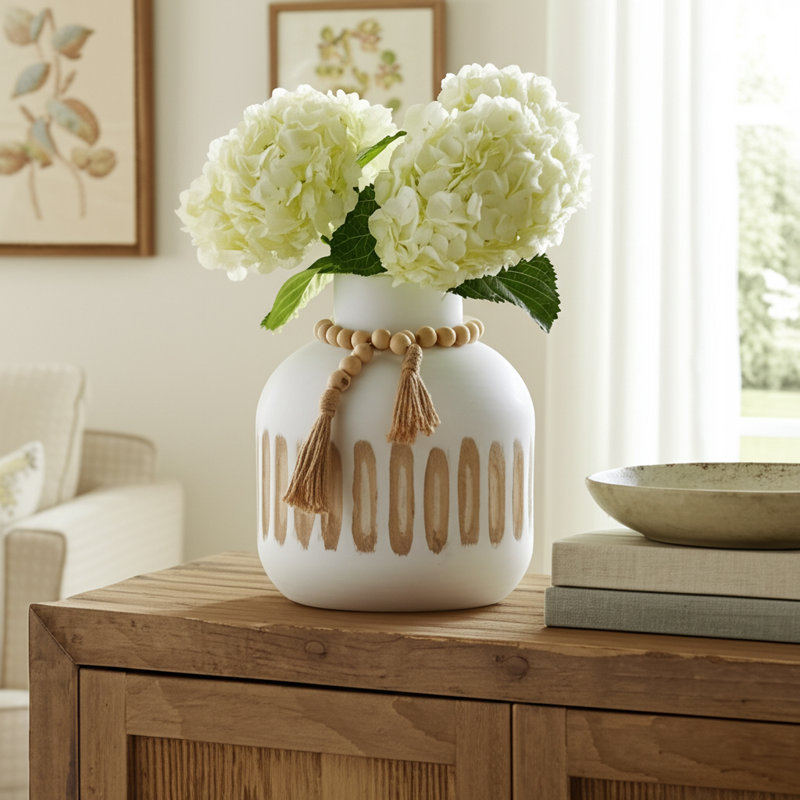Élégant vase de table rond en bois avec pampille pour la décoration intérieure - Vase à fleurs moderne pour bureau, table et salon - 8 po