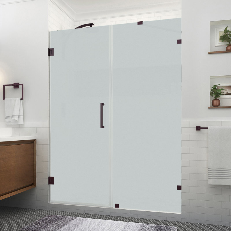 Nautis XL 65.25 to 66.25 in. W x 80 in. H Hinged Frameless Shower Door W/ Ultra-Bright Frosted Glass, Bronze