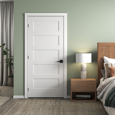 Porte intérieure pré-suspendue à droite de 36 po x 80 po avec ensemble de poignées démontables et charnières noires mates, porte intérieure à 5 panneaux à âme creuse avec alésage et charnière pour porte de salle de bain, garde-manger, porte intérieure de buanderie