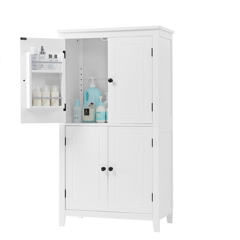 Elegant Bathroom Floor Storage Cabinet Bathroom Storage Unit, Freestanding Cabinet with 4 Doors, White