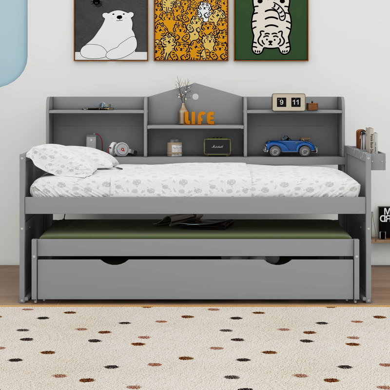 Lit de jour simple en bois avec 2 gigognes simples Donashia, Gris
