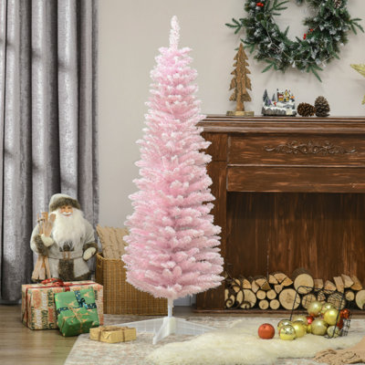 Snow Flocked Artificial Pencil Christmas Tree, Slim Xmas Tree With Realistic Branches And Plastic Base Stand  Indoor Decoration,