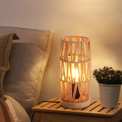 Boho Rope Table Lamp With Wooden Base, Rustic Coastal Bedside Lamp With Open Weave Shade & Inline Switch, Natural Farmhouse Accent Light For Bedroom, Living Room & Entryway