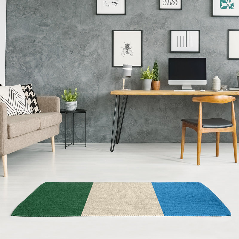 Tapis à rayures vert/crème/bleu, Rectangle 5 pi x 7 pi