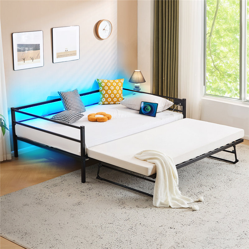 Daybed With Charging Station And LED Lights,Heavy Duty Metal Day Daybed With Pop Up Trundle, No Box Spring Needed, Twin