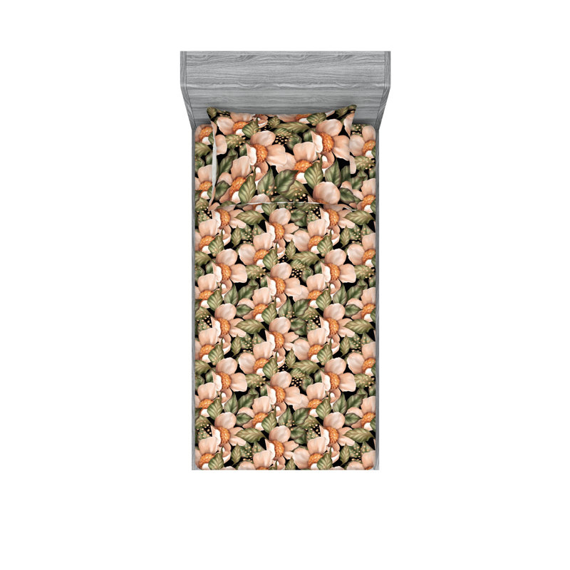 Drap-housse et taies décoratives 3 pièces Ambesonne, Vert olive pâle / motif floral rosé