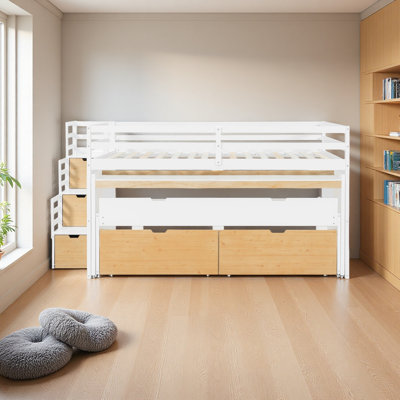 Lit mezzanine avec bureau coulissant et lit gigogne simple, lit superposé multifonctionnel avec 2 tiroirs de rangement et marches de rangement, base de lit pour poste de travail peu encombrante