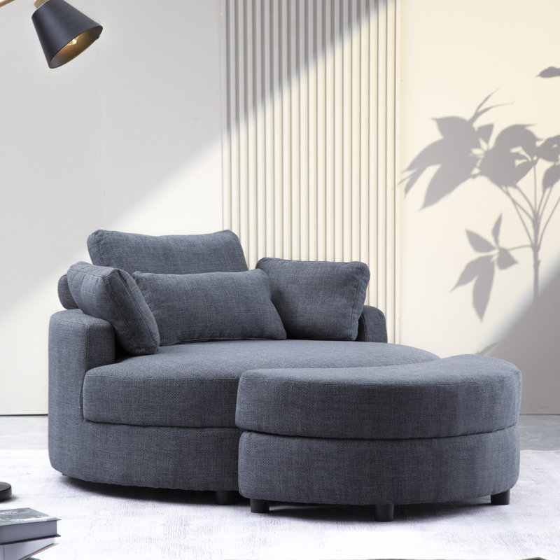 Danieal Upholstered Barrel Chair with Ottoman, Dark Gray Linen