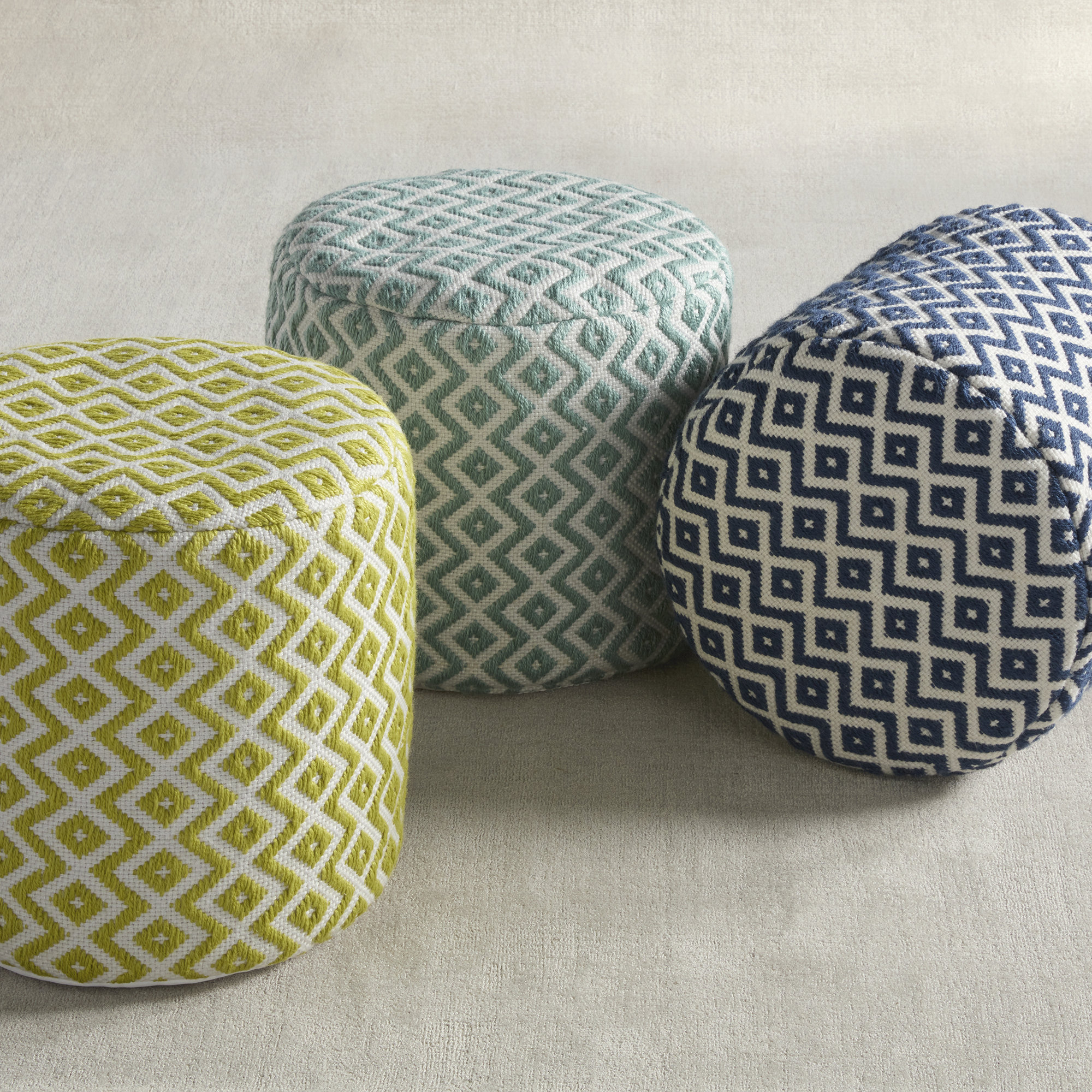 Destina Round Upholstered Outdoor Ottoman, Light Green/Ivory Polyester