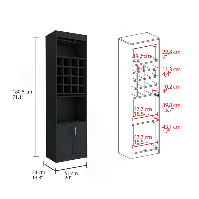 Armoire de bar Being Kava, double porte, deux tablettes, seize porte-bouteilles encastré - noir