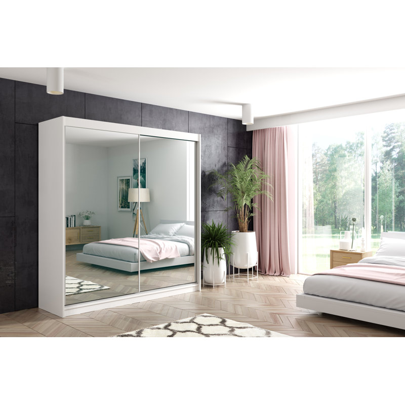 DEBA Wardrobe with Mirrored Sliding Doors, White