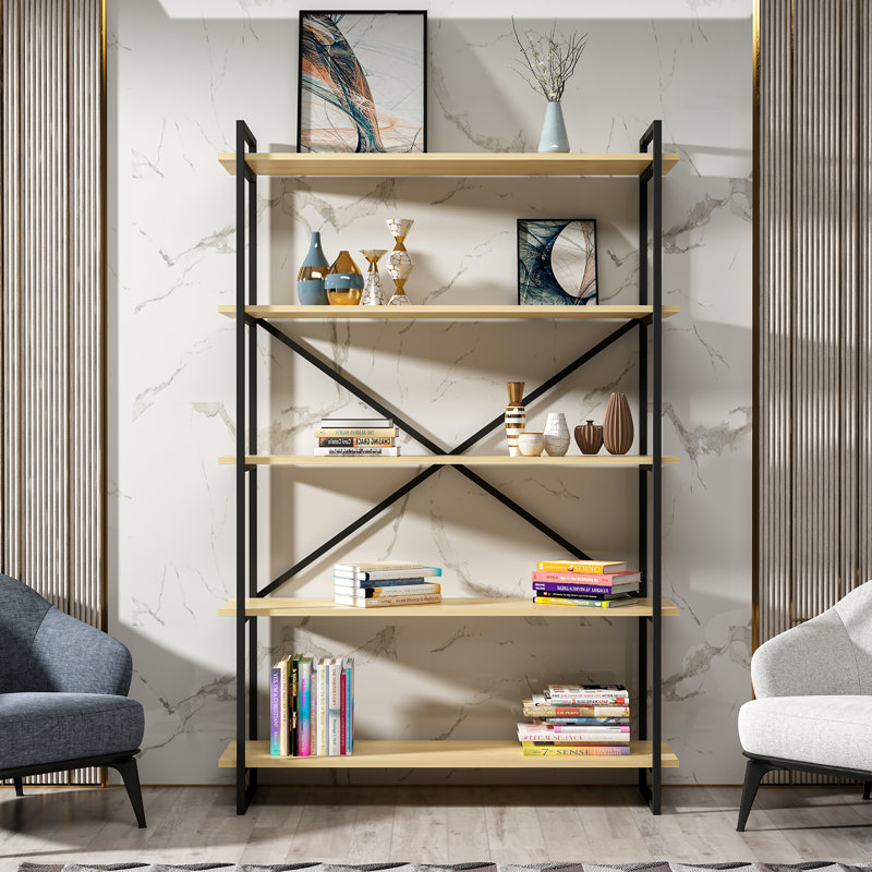 Abordale 5-Tier Steel Bookcase, (5 Shelves) 70.9” H x 35.4” W x 13.4” D, Oak 
