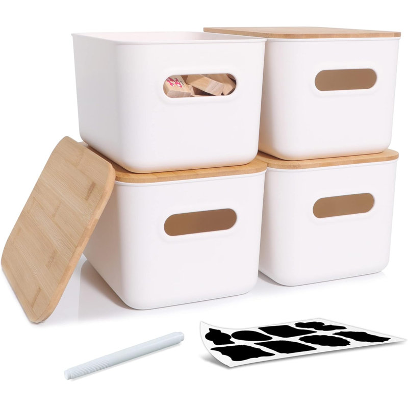 4 PCS Storage Bins With Bamboo Lids Plastic Storage Containers For Organizing Stackable Storage Box With Handle, 10.23 X 7.08 X 6.3 Inch