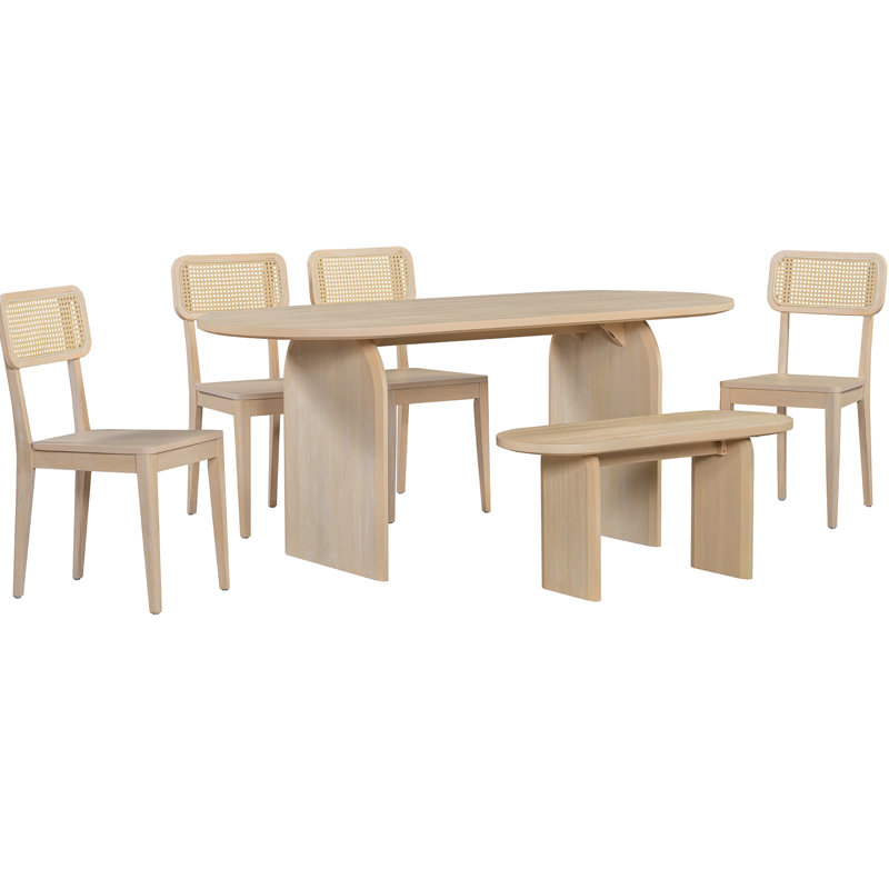 Ensemble de table de salle à manger 6 pièces, table de cuisine ovale avec banc, chaises de salle à manger, Natural, Naturel