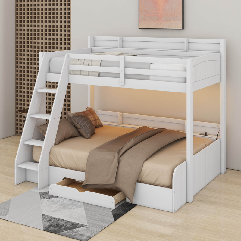 Twin Over Full Bunk Bed With Charging Station And Drawer, White