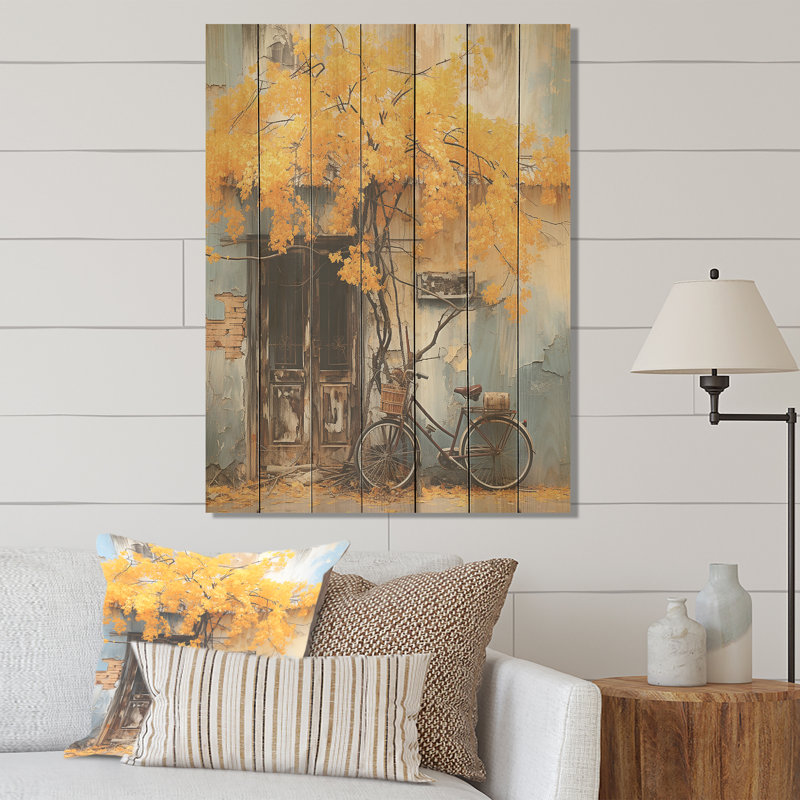 Fleurs printanières jaunes et bleues - Impression sur bois, H 44 po x l 34 po