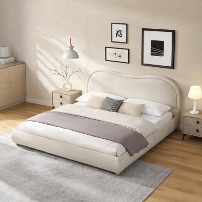 Base de lit tapissier moderne très grand avec tête de lit arrondie à coins arrondis, lattes en bois, pieds en bois de chêne massif, tissu chenille, aucun sommier requis, beige