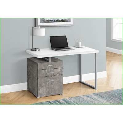 Bureaux: bureau d'ordinateur moderne de 48 po avec configuration réversible, tiroirs de rangement, stratifié blanc et béton | Métal blanc | Panneau de particules