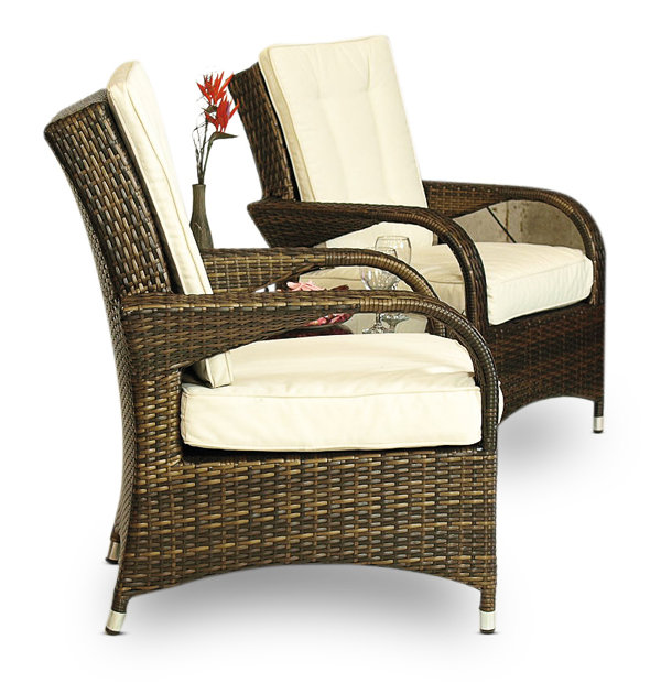 2 Seater Rattan Conversation Set, Brown, White