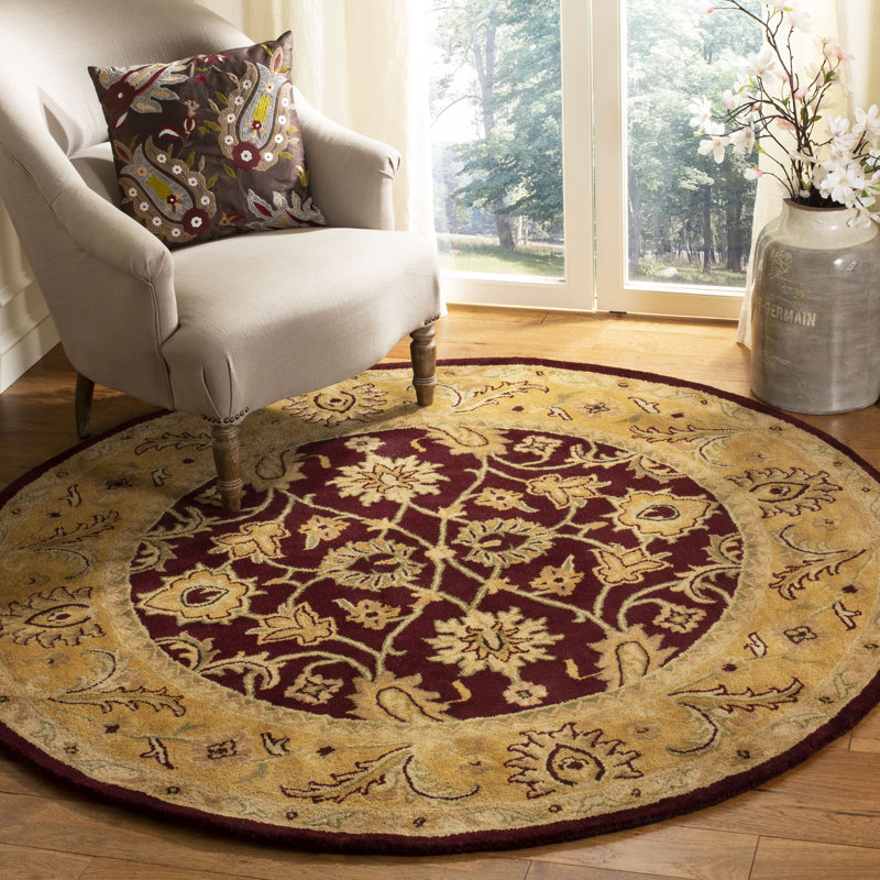 Tapis bourgogne / doré en laine touffeté à la main Bromley, Rond 3 pi 6 po