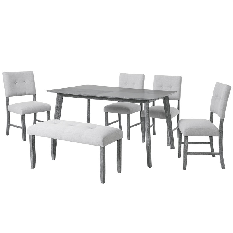 Ensemble de salle à manger 6 personnes: table de salle à manger rectangulaire avec 4 chaises rembourrées et un banc, Gris