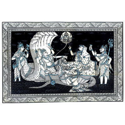 Lord Vishnu Laying On Sheshnaag While All Deities Worshipping | Water Color Painting On Patti