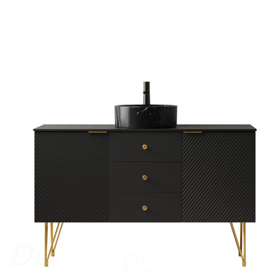 Meuble-lavabo 48 po, meuble-lavabo autoportant en contreplaqué avec pieds dorés, 3 tiroirs et 2 portes, vasque en céramique à motif de pierres noires et plateau en pierre frittée noire, pré-assemblé