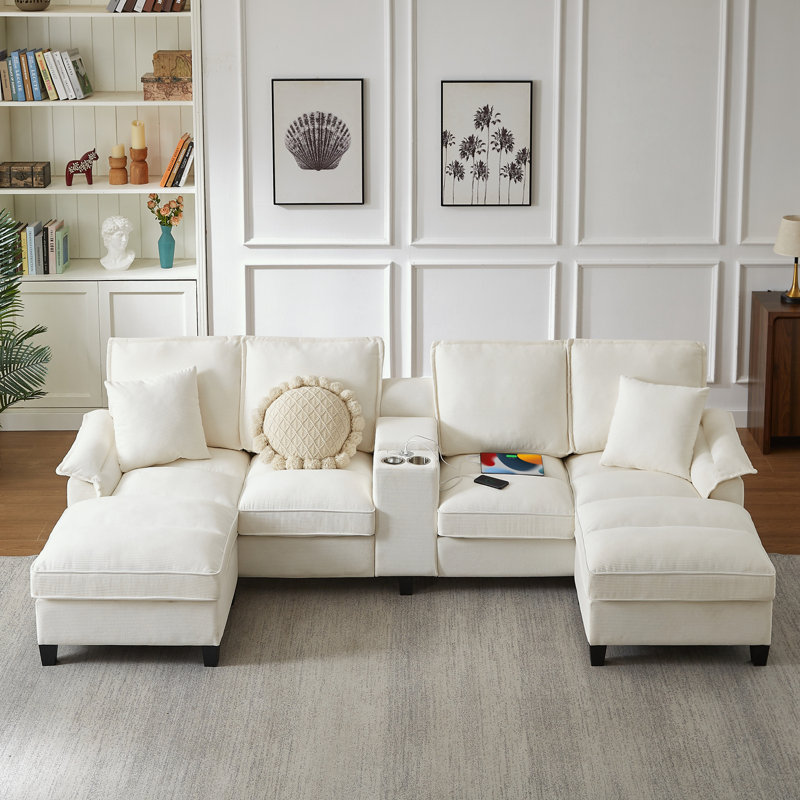 Canapé modulaire en velours côtelé avec rangement sous le siège et porte-gobelet, Velours côtelé beige