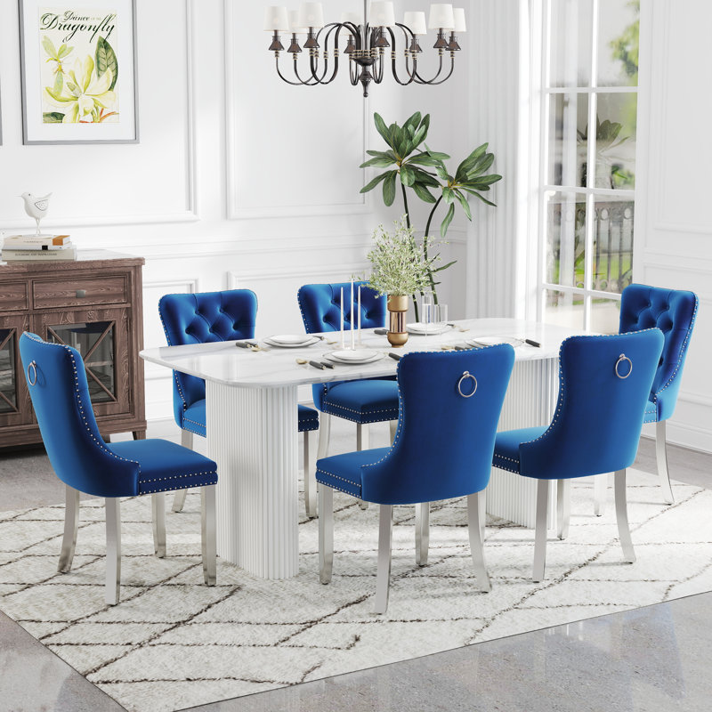 Ensemble de salle à manger rectangulaire en bois avec chaise capitonnée, Bleu, 7