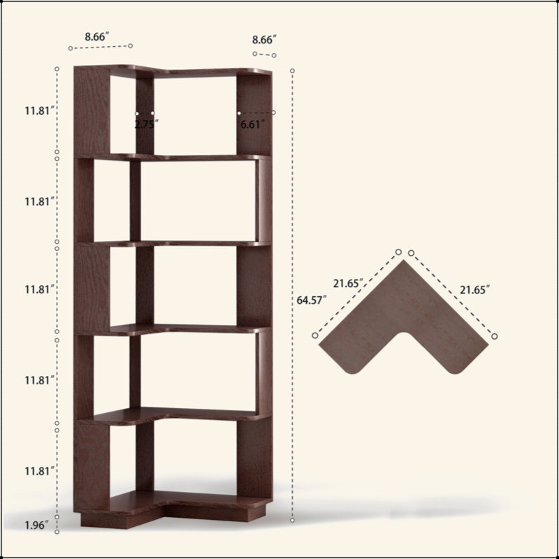 64.6"H 6-Tier L-Shaped Corner Bookshelf – 15mm Thick Wood Grain Particle Board, Anti-Drop Baffle & Anti-Tipping Device for Living Room/Bedroom/Home Office