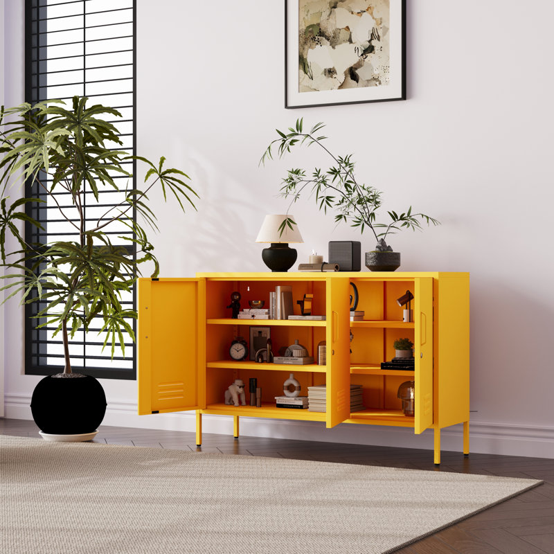 47.3" Wide 3-Door Lockable Metal Storage Cabinet with Accent Cabinet Locker, Heavy Duty Home Tool Cabinet, 2 Removable Shelves & Easy Assembly, for Home, Office, Entryway and Hallway Yellow