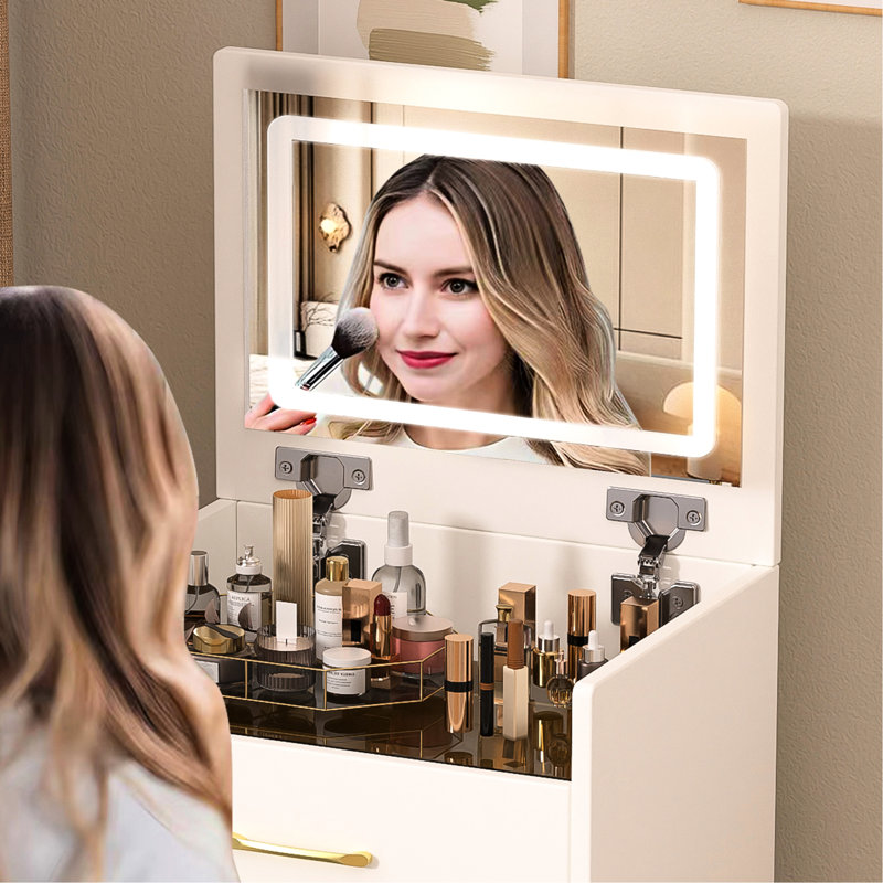 Coiffeuse 3 en 1 compacte, coiffeuse de chambre blanche avec tiroirs et beaucoup de rangement pour un grand bureau visible en verre