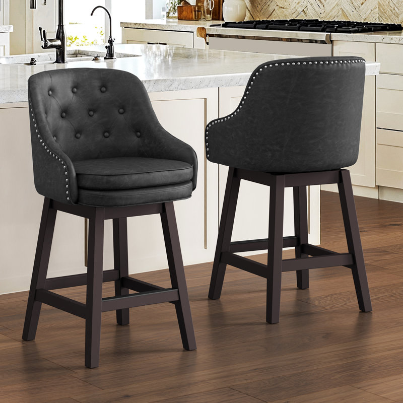 Chela Upholstered Button-Tufted Barstool with Solid Wood Frame, Dappled Black Seat/Espresso Frame