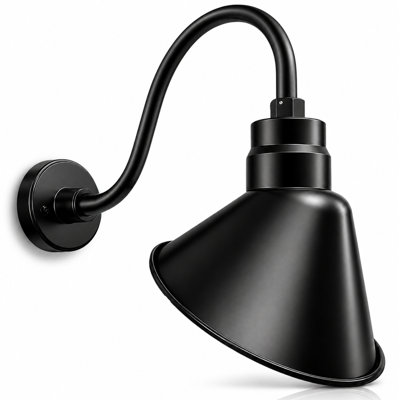 10in. Satin Black Angle Shade Gooseneck Sign Light Fixture with 14.5 in. Long Extension Arm - Wall Sconce Farmhouse, Vintage, Antique Style - UL Listed - 9W 900lm A19 LED Bulb (5000K Cool White)